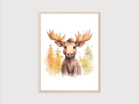 Moose Themed Nursery, Moose Nursery Decor, Watercolor Moose, Moose Nursery, Moose Wall Art, Moose Animal, Moose Painting, Woodland Wonderland, Watercolor Paintings Easy