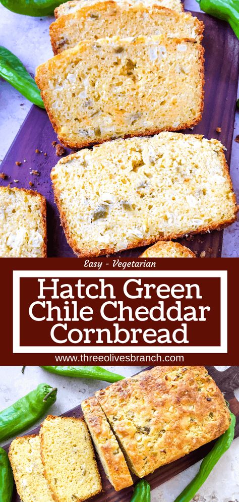 A simple cornbread recipe, Hatch Green Chile Cheddar Cornbread highlights fall flavors. Roasted diced chile peppers with cheddar cheese and corn. Great for fall on its own or with chili. #cornbread #hatchpeppers Hatch Green Chili Cornbread, Hatch Chili Cornbread, Green Chili Cheese Cornbread, Simple Cornbread Recipe, Cornbread Recipe Easy, Green Chili Cornbread, Simple Cornbread, Green Chile Cornbread, Fall Bread Recipes