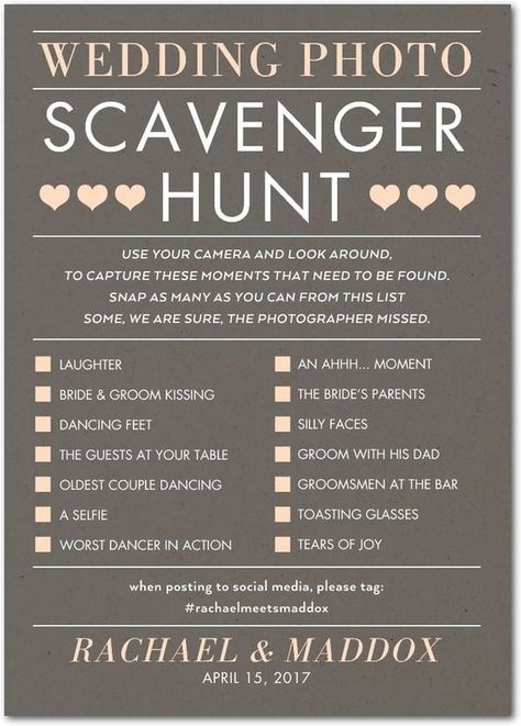 Credit - @uniqueweddingideas  Wedding scavenger hunt ideas great for the guests.   #weddingideas #weddingplanning #weddinginspiration #weddingorganising #scavengerhuntwedding #weddingphotoideas #ideasforwedding Indoor Wedding Games, Wedding Games For Kids, Wedding Reception Activities, Wedding Games For Guests, Reception Games, Hunting Wedding, Reception Activities, Wedding Reception Games, Scavenger Hunts