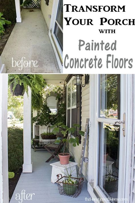 How to Paint A Porch Floor With Concrete Paint - The Honeycomb Home Painted Cement Patio, Best Concrete Paint, How To Paint Concrete, Painted Porch Floors, Paint Concrete Patio, Paint Concrete, Concrete Patio Makeover, Concrete Paint, Front Porch Makeover