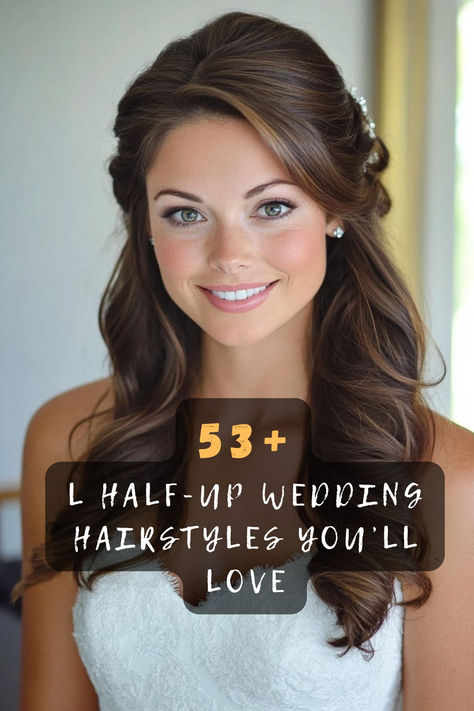 Hairdos For Brides, Bridal Hair Half Up With Veil Medium Lengths Wedding Updo, Half Up Half Down Wedding Hair Pearls, Half Updo For Wedding, Side Swoop Half Up Half Down, Wedding Hairstyles Front And Back, Bride Hair Down Curls, Bridal Hair Waves, Bridal Hair Half Up With Veil