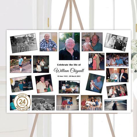 Funeral photo collage easel | celebrate the life poster welcome sign | funeral display | funeral memorial memory poster - FC11 by KatsKreatives on Etsy Celebration Of Life Picture Boards, Memory Boards For Funerals Ideas, Celebration Of Life Photo Display Ideas, Picture Boards For Funerals Ideas, Memory Boards For Funerals, Memorial Photo Display, Pallet Picture Display, Memorial Board, Memory Boards