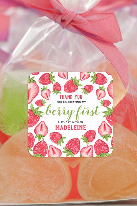 Berry First Birthday Cute Strawberry Thank You Square Sticker. Berry first birthday strawberry thank you sticker for party favor easy to customize template Cute Strawberry, Baby Girl Birthday, Thank You Stickers, Baby Birthday, Birthday Party Invitations, Thank You, Birthday Party Themes, Girl Birthday, Party Invitations