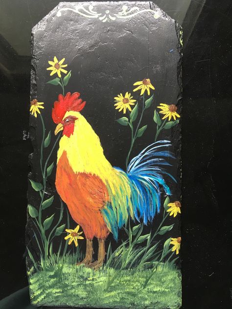 Sitting On Fence, Slate Painting, Porch Leaners, Garden Rock Art, Painted Slate, Rooster Painting, Painted Bottles, Slate Signs, Front Porch Signs