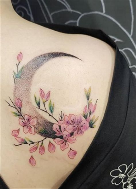 Cherry Blossom Moon Tattoo, Year Tattoo, Luna Tattoo, Shoulder Cap Tattoo, Mum Tattoo, Tiny Finger Tattoos, Full Moon Tattoo, Moon Tattoos, Remembrance Tattoos