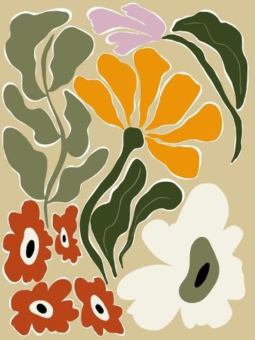 size: 12x9in Photographic Print: Mid Century Bloomscape by Miho Art Studio : Mid Century Floral Pattern, 1970s Artwork, 60s Prints, Earthy Prints, Olive Art, Peace Poles, Fall Paintings, 1970s Art, Apartment Walls