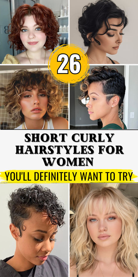 "26 Stunning Short Curly Hairstyles for Women in 2024" offers a diverse collection tailored for women with natural curls seeking fresh and fashionable looks. From elegant updos perfect for weddings to playful pixie cuts ideal for everyday flair, this guide includes hairstyles for black African Americans, those with gray hair, and options specifically flattering for round faces. Short Hairstyle Curly Women, Short Curly Thick Hair Styles, Curly Pixie Round Face, Short Curly Hair 3c, Curly Pixie Cuts Naturally, Medium Short Curly Hair, Edgy Curly Hairstyles, Short Cuts For Curly Hair, Really Short Curly Hair