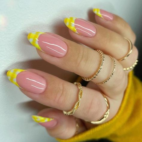 Nail Yellow, Almond Shaped Nails Designs, Pastel Nail Art, Fruit Nail Art, Yellow Nails Design, Short Almond Nails, Cute Spring Nails, Plaid Nails, Almond Shape Nails