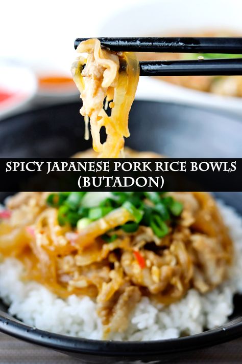 This Japanese Pork Rice Bowl is quick and easy to make, packed with umami, and extremely comforting! Pork belly is simmered with onions and aromatics in a slightly sweet and mouthwatering sauce. #japaneseporkricebowl #butadon #porkbowl #japanesepork #porkbelly #asianfood #japaneserecipe #dinner #weeknightdinner #easyrecipes | That Spicy Chick Japanese Pork Rice Bowl, Japanese Pork Recipes, Che Recipe, Japanese Meat, Sliced Pork Belly, Japenese Food, Bowls Recipes, Japanese Rice Bowl, Chicke Recipes