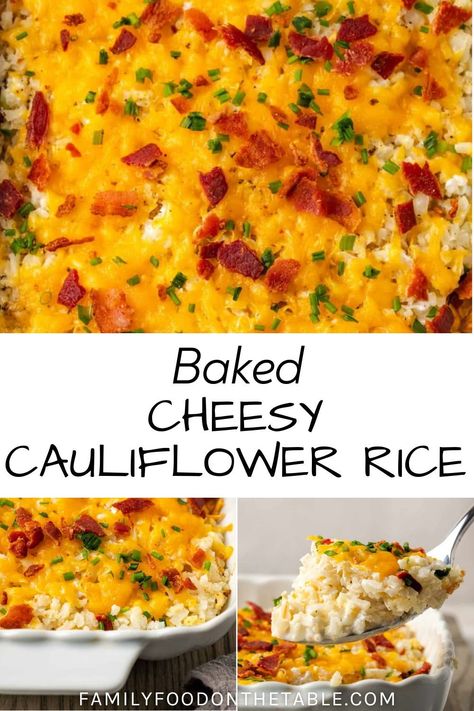 Baked Cheesy Cauliflower Rice is a hot and cheesy casserole that’s just 5 ingredients and 30 minutes to make. This low-carb, gluten-free side is creamy and so flavorful! Loaded Cauliflower Rice Casserole, Twice Baked Cauliflower Casserole, Cauliflower Rice Recipes Frozen, Rice Califlower Casseroles, Cheesy Cauliflower Rice Recipes, Baked Cauliflower Rice Recipes, Sauteed Cauliflower Rice Recipes, Riced Cauliflower Casserole, Cheesy Riced Cauliflower