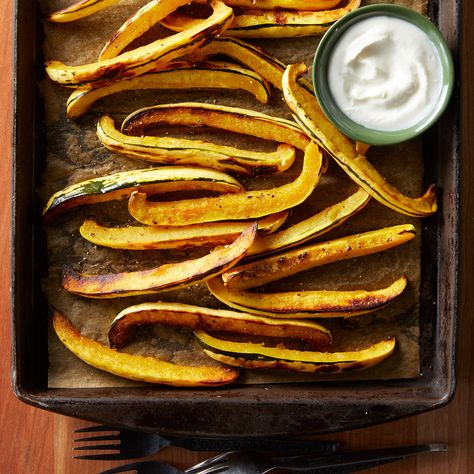 Delicata Squash Fries, Squash Delicata, Cheese Dipping Sauce, Parsnip Fries, Keto Veggies, Squash Fries, Roasted Delicata Squash, Spiralized Sweet Potato, Goat Cheese Dip