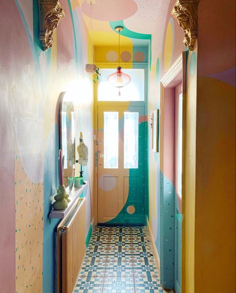 A snapshot of my now *officially tidy hallway ✨ #hallway #hallwaydecor #hallwaydesign #interiordesign #interiordesignideas #interiorinspiration #maximalism #interiorstyle #interiorstylist #homeinspiration #homeideas Painted Hallway, Modern Maximalist, Maximalist Home, Colorful Interior Design, Hallway Design, Hand Painted Wall Art, Hallway Decor, Hall Decor, Apartment Decor Inspiration