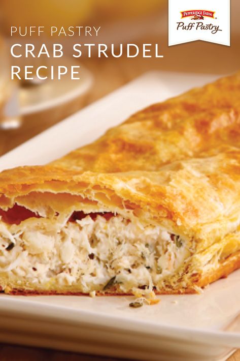 Looking for the perfect appetizer recipe to serve at your next dinner party? Check out this Crab Strudel. Made with Pepperidge Farm® Puff Pastry Sheets, this seafood dish is rich, creamy, and loaded with cheese. Crab Strudel, Crab Puffs, Crab Imperial, Puffed Pastry, Crab Appetizer, Pepperidge Farm Puff Pastry, Savory Tarts, Strudel Recipes, Seafood Recipes Crab