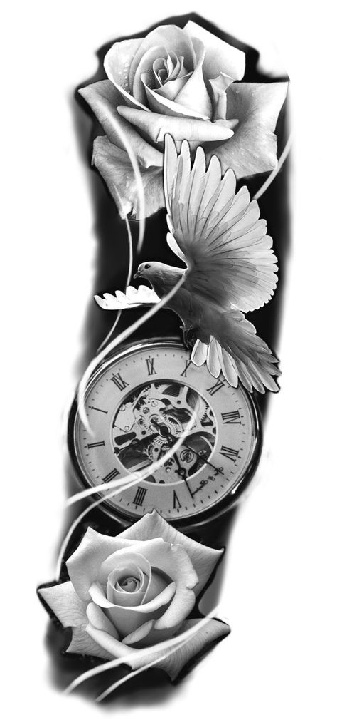 Roses With Clock Tattoo Design, Rose Pocket Watch Tattoo, Dove Clock Rose Tattoo Stencil, Clock Roses Tattoo Design, Dove Roses Tattoo Design, Rose Watch Tattoo Design, Rose And Dove Tattoo Design, Clock Rose Tattoo Stencil, Rose And Clock Tattoo Design