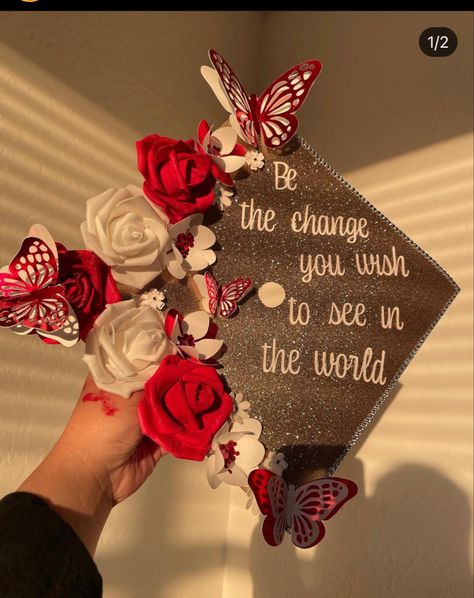 Black Cap Decoration Graduation, Graduation Cap Designs Bling, Maroon Grad Cap Ideas, Decorated Caps For Graduation Aesthetic, Cap Gown Decoration, Cap N Gown Decorations, Red Graduation Cap Ideas, Graduation Cap Designs Girly, Decorated Graduation Caps High School