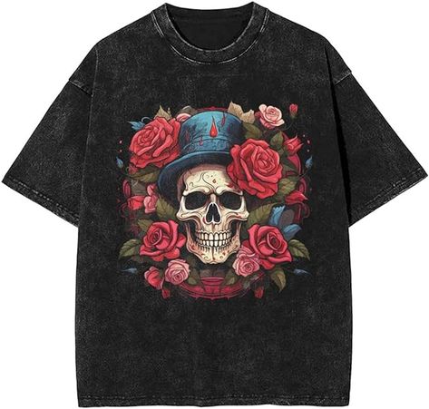 Our graphic tees for women feature an oversized design and a colorful, distressed acid wash finish for that much-loved vintage effect. They are the quintessential basic t-shirt for women men who prefer streetwear style. With the casual trendy floral skull graphic print, Chaos World t-shirts set the bar high for fashion. Amazon Clothes, Look Retro, Floral Skull, Basic Shirts, Skull Print, Tees For Women, Graphic Tees Women, Vintage Shirts, Streetwear Fashion