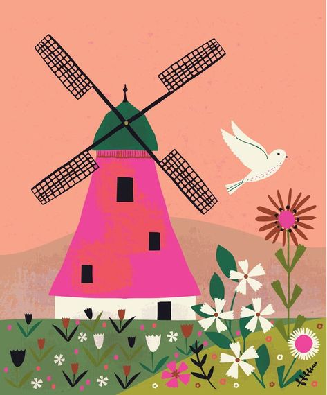 Tara Lilly - Lilla Rogers | Windmill art, Windmill drawing, Art drawings for kids Windmill Illustration, Windmill Drawing, Windmill Art, Online Art Courses, Lilla Rogers, Art Commissions, Art Courses, Paint And Sip, Landscape Drawings