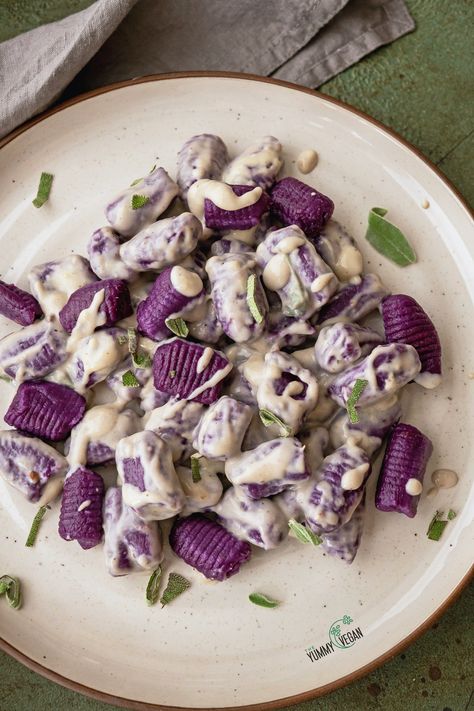 These gnocchi are not only easy to make but have the most beautiful deep purple color! Purple Gnocchi, Purple Potato Gnocchi, Purple Sweet Potato Recipes Healthy, Purple Sweet Potato Gnocchi, Purple Sweet Potato Recipes, Cauliflower Pasta Sauce, Purple Cauliflower, Gnocchi Recipes Homemade, Cauliflower Pasta