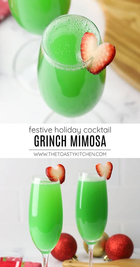 Grinch mimosa recipe by The Toasty Kitchen. What's better than mimosas at brunch? How about a festive Grinch mimosa for the holiday season! Made with champagne, orange juice, and a splash of blue curacao for a perfectly grinchy green hue. #grinchmimosa #greenmimosa #holidaycocktail #cocktails #mimosas #drink #alcoholic #recipe Grinch Mimosa, Christmas Drinks Alcohol Recipes, Champagne Orange, Xmas Drinks, Festive Holiday Cocktails, Christmas Drinks Recipes, Mimosa Recipe, Christmas Punch Recipes, Grinch Party