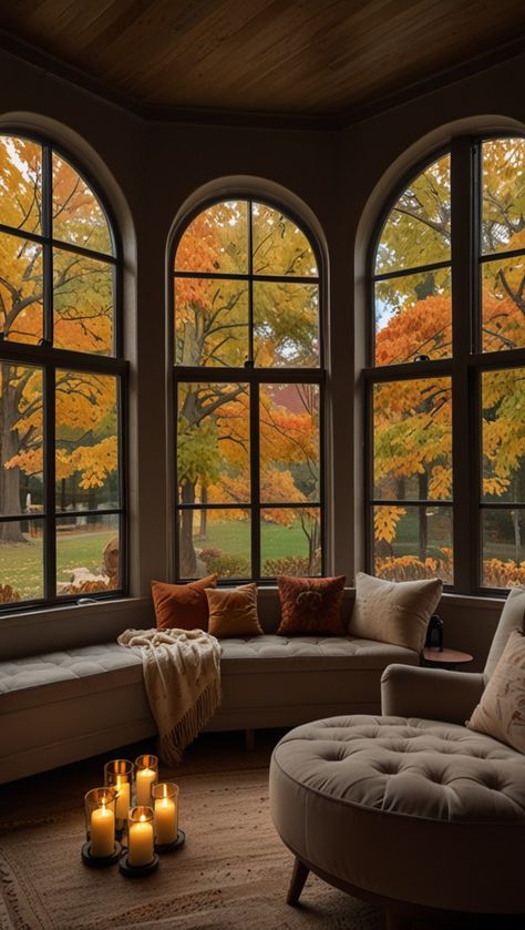 Houses With Huge Windows, Dream House Big Windows, Houses Big Windows, Turret Room Ideas, Huge Windows Living Room, Big Windows Interior, Library With Big Windows, Luxury Library Room Mansion, Mansion Library Aesthetic