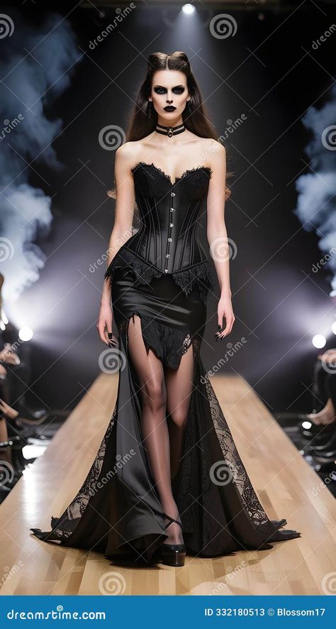 AI generated - A beautiful model in a corseted black dress with lace overlays and a trailing skirt, accentuated by flashes of light and smoke on a dark runway High Fashion Halloween, Runway Illustration, Skeleton Outfit, Magic Fashion, Dark Face, Witch Hair, Black Dress With Lace, Fashion Halloween, Abstract Animal Art