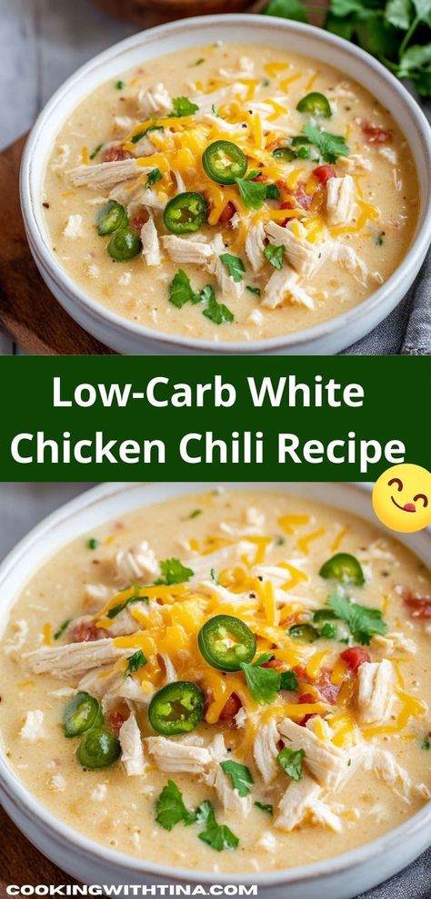 Discover an easy soup recipe that warms the soul! This Low-Carb White Chicken Chili is full of robust flavors and simple ingredients, making it a fantastic choice for quick family dinners or meal prep for the week ahead. Low Carb Chicken Soup Recipes For Dinner, Low Carb Chilli Recipes, Keto White Chicken Chili Recipes, Keto Chicken Chilli, Best Low Carb Soups, Low Carb Chicken Enchilada Soup, Keto White Chicken Chili Instapot, Healthy Crockpot Soup Recipes Low Carb, Low Carb Soup With Chicken