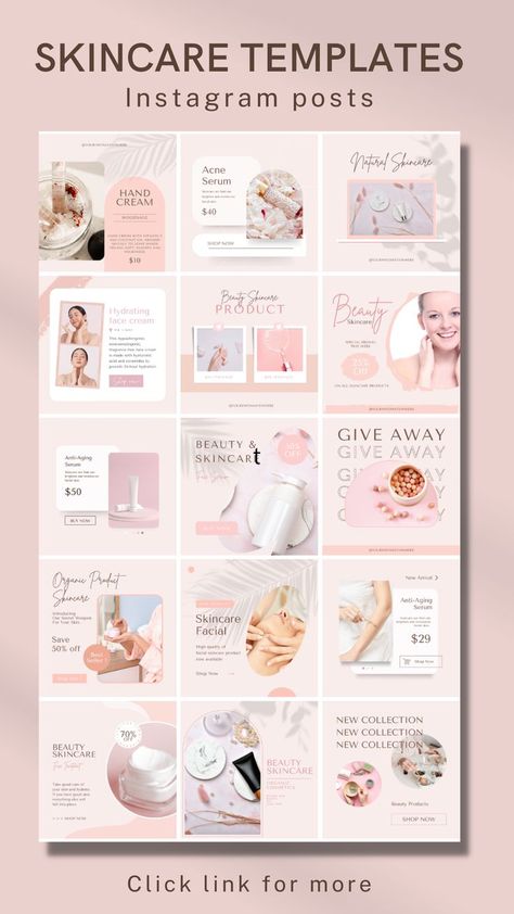 This is the new Beauty Skincare Templates, made and fully editable with Canva. In this interface you can work with the design in a simple way, editing all the elements you want and adjusting it to your needs. Ideal to promote and boost your Social Media. Skincare Business Plan, Beauty Post Ideas, Instagram Feed Theme Layout, Skincare Template, Beauty Template, Skincare Business, Instagram Skincare, Instagram Feed Planner, Instagram Branding Design