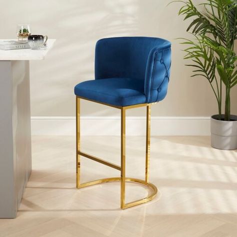 Bonita Boutique Blue Velvet Bar Stool with Gold Base - Kitchen - Dining -BAR-62 | eBay Blue Bar Stools Kitchen Island, Blue Kitchen Stools, Bar Stool With Blue Island, Painted Blanket Box, Corner Bench Dining Set, Painted Display Cabinet, Blue Velvet Bar Stools, Blue Kitchen Island Table & Bar Stools, Oak Dining Room