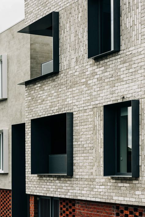 Small Buildings Design, Housing Facade Design, Modern Brick Architecture, White Brick Facade, Brick Facade Design Architecture, Windows Architecture, Modern Brick Architecture Facades, House Facades, Brick Facade Architecture Modern