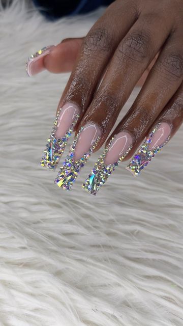 Candy Coating Everythingg🍭🍬 on Instagram: "Blinged out frenchies 😫😍😍 #frenchtips #blingedfrenchtips #raleighnailtech" French Tip Bedazzled Nails, Diamond French Tip Nails Rhinestones, Frenchies With Rhinestones, Diamond French Tip, Rhinestone French Tip, French Tip Rhinestone Nails, Frenchie Nails With Rhinestones, Frenchies With Gems, Pink Frenchies With Rhinestones