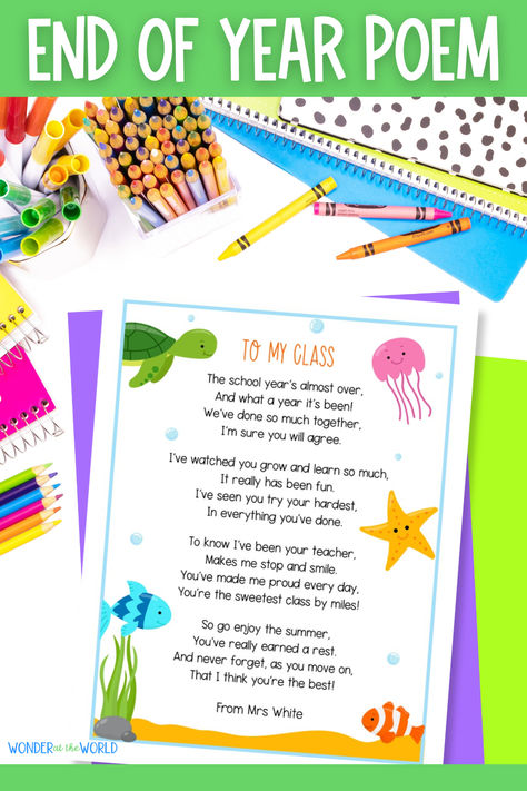 Do you need a simple and easy end-of-school-year gift idea for your students? This cute ocean-themed printable with an original poem can be given to your class to remind them of your time together.  A sweet keepsake for the last day or week of school that could be paired with candy, a pencil, keyring or other small gift. End Of Year Poem From Teacher, Last Day Of School Gifts For Students, Student End Of Year Gifts, End Of School Year Quotes, Gift For Students From Teacher, Goodbye Teacher, Goodbye Poem, Poems For Students, Preschool Poems