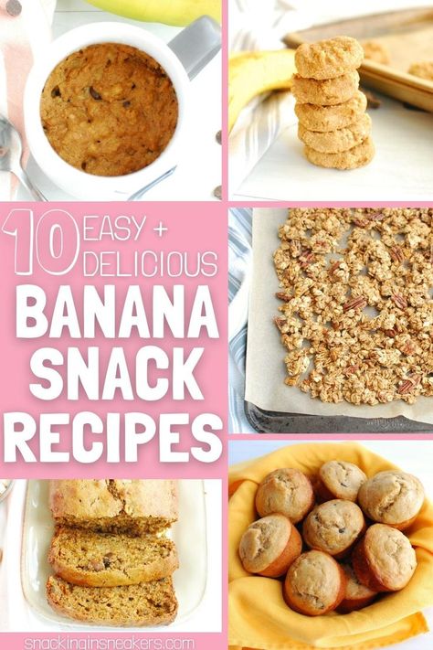 A collage of several healthy banana snack recipes including mug cake, granola, muffins, and banana bread. Banana Snack Recipes, Snacks With Bananas, Banana Snack Ideas, Ways To Use Ripe Bananas, Matcha Banana Bread, Healthy Banana Recipes, Banana Recipes Easy, Healthy Summer Snacks, Banana Granola