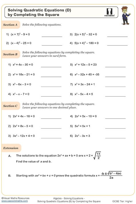 Discover a comprehensive Solving Quadratic Equations worksheet, strategically separated into three sections. This resource offers a structured process for tackling quadratic equations through completing the square method. Enhance your math skills with this organized practice material today! Quadratic Equations Worksheets, 11 Worksheet, Square Worksheet, Equations Worksheets, A History Of Magic, Completing The Square, Quadratic Equations, Solving Quadratic Equations, Quadratic Formula