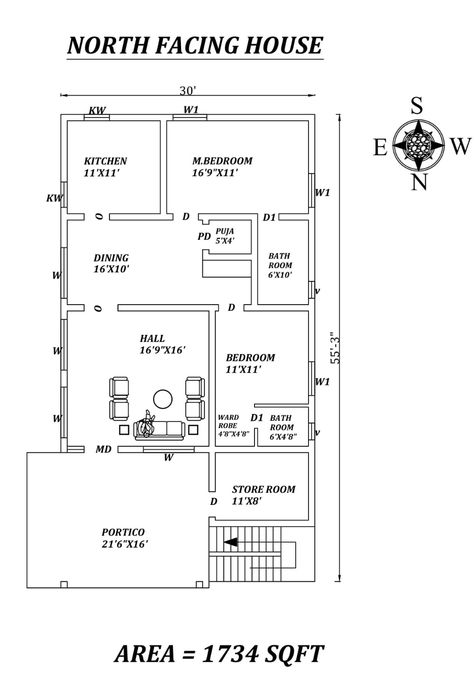 AutoCAD DWG file shows 30'X55' Amazing North facing 2bhk house plan as per Vastu Shastra. The Buildup area of this house plan is 1734 sqft. The master bedroom is in the southwest direction with the attached toilet in the West and the children's bedroom is in the west direction and the attached toilet is in the northwest direction. kitchen is placed in the southeast, Dining room available in the east. Hall and portico are available in the northeast direction. Puja room available in the west dire 20x30 House Plans, Drawing House Plans, Budget House Plans, North Facing House, 30x40 House Plans, Vastu House, 2bhk House Plan, Indian House Plans, Small House Elevation