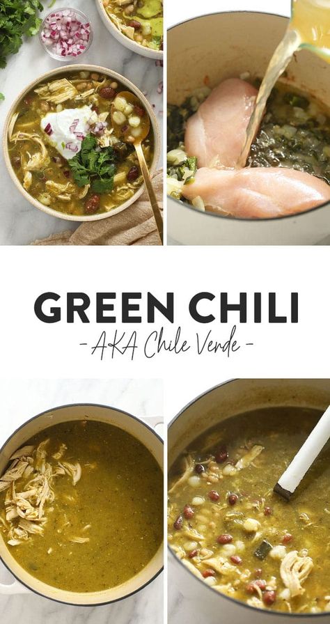 Green Chili (AKA Chile Verde) never looked so good! This easy green chicken chili is made with roasted peppers, your favorite salsa verde, chicken breast, and white beans. Clean Soups, Green Chicken Chili, Staple Meals, Soup Swap, Mexican Recipies, Chicken Chili Verde, Hobbit Food, Spicy Chili Recipe, Green Chili Recipes