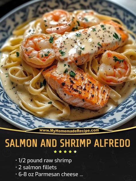 quicker recipes | Salmon and Shrimp Alfredo | Facebook Shrimp And Salmon Recipes Dinners, Shrimp And Salmon Alfredo, Salmon And Shrimp Alfredo, Salmon Alfredo, Raw Shrimp, Recipes Salmon, Blackened Salmon, Salmon And Shrimp, Shrimp Alfredo