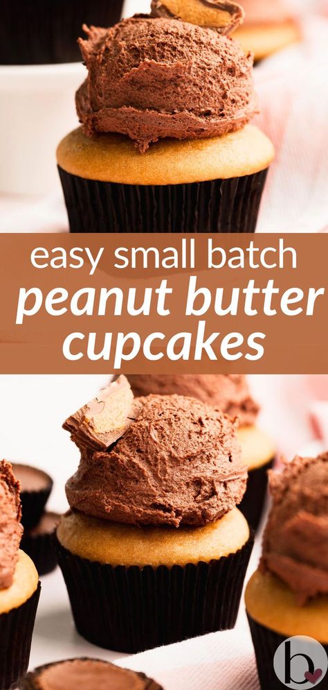 Easy small batch recipe for moist cupcakes full of peanut butter flavor! The best pillowy soft from-scratch peanut butter cupcakes. Small Batch Cupcakes, Chocolate Peanut Butter Frosting, Cupcake Recipes From Scratch, Moist Cupcakes, Cupcakes With Chocolate, Peanut Butter Cupcakes, Recipe For 2, Butter Cupcakes, Cupcakes Recipes