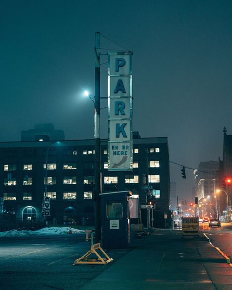 Parking sign at night in downtown Buffalo, New York Parking Sign, Rail Transport, Buffalo New York, Parking Signs, Hotel Motel, Posters Framed, City Car, Image House, Gas Station