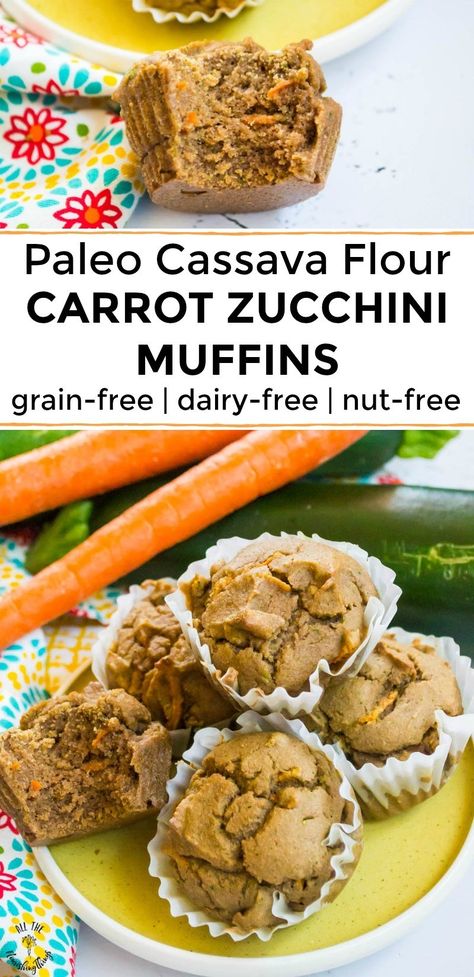 With just a hint of sweetness and some warming cinnamon and ginger, your whole family will love these nourishing, paleo Cassava Flour Carrot Zucchini Muffins as a grain-free, dairy-free, and nut-free breakfast or snack! #allthenourishingthings #cassavaflour #paleomuffins #zucchini #hiddenveggies #breakfast #muffinrecipe Cassava Recipes, Nut Free Breakfast, Carrot Zucchini Muffins, Cassava Flour Recipes, Carrot Zucchini, Baby Nutrition, Zucchini Carrot, Veggie Muffins, Paleo Muffins