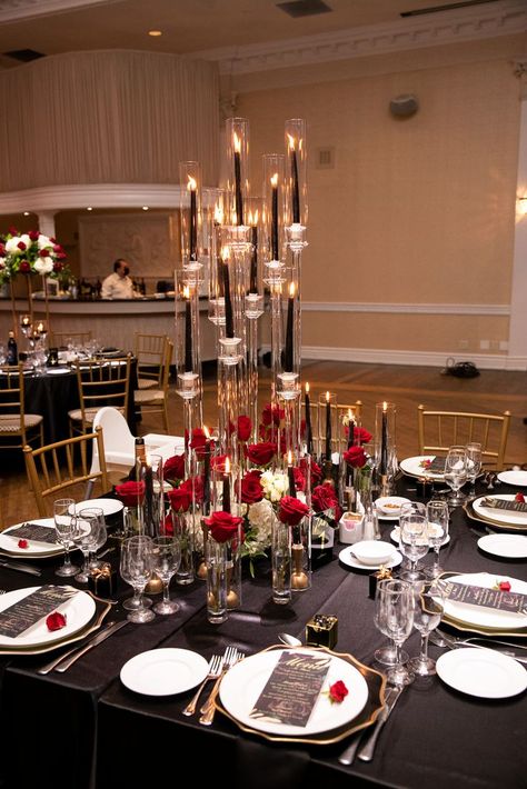 Red Black Gold And Ivory Wedding, Elegant Black And Red Wedding, Black Red Gold Birthday Party Ideas, Red Black Gold Wedding Decor, Red Black And Champagne Wedding, Black White Gold Burgundy Wedding, Red And Black Prom Decorations, Black Wedding With Red Roses, Red White Black And Gold Wedding