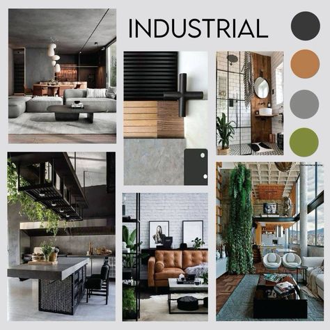 Modern Luxury Interior Design Mood Board, Color Palette Industrial, Industrial Mood Board Interior Design, Industrial Mood Board, Industrial Moodboard, Industrial Apartment Decor, Materials Board Interior Design, Home Studio Ideas, Industrial Style Interior