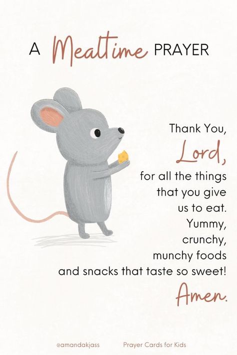 Thank you, Lord, for all the things that you give us to eat. Yummy, crunchy, munchy, foods and snacks that taste so sweet! Amen. We can always talk to God through prayer, and this mealtime prayer is a great way to be grateful for the foods He provides for us to eat! Click to learn more about these Prayer Cards for Kids! Toddler Prayers, Prayer For Kids, Prayers Before Meals, Mealtime Prayers, Food Prayer, Kids Prayer, Kids Food Crafts, Talk To God, Kids Faith