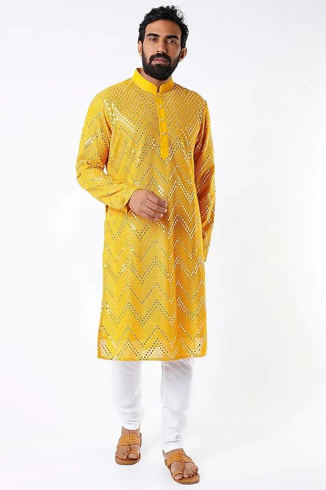 Blingy Mirror Work Kurtas For Grooms-To-Be Who Love To Dazzle! - ShaadiWish Mirror Work Design, Groom Trends, Indian Wedding Clothes For Men, Wedding Kurta For Men, Kids Dress Boys, Yellow Kurta, Groom Dress Men, Yellow Mirrors, Kurta For Men