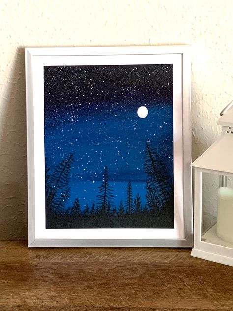 Lovely midnight blue starry sky with trees. 8 x 10 Acrylic painting on Canvas Board, framed or unframed.  Great companion piece to Cabin in the woods. Sky With Trees, Blue Starry Sky, Night Sky With Stars, Sky With Stars, Blue Night Sky, Night Sky Art, Starry Night Painting, Sky Art Painting, Night Sky Painting