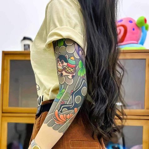 Irezumi Sleeve, Lion Chest Tattoo, Daruma Doll Tattoo, Unique Half Sleeve Tattoos, Neo Tattoo, Doll Tattoo, Japan Tattoo Design, Irezumi Tattoos, Japanese Sleeve