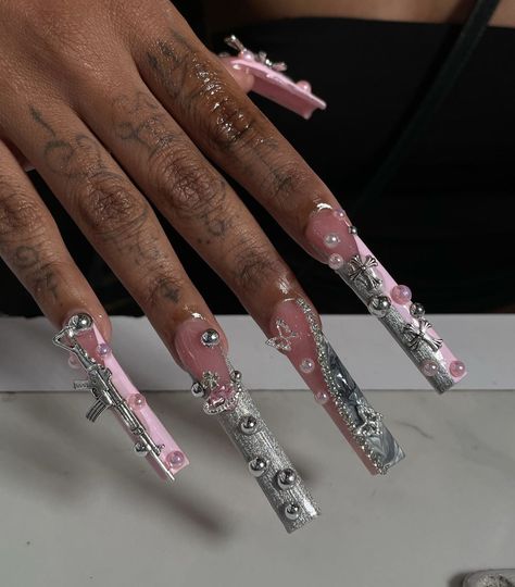 Hk Nails, Chrome French Tips, Chrome French, Deluxe Nails, Punk Nails, Drip Nails, Cute Acrylic Nail Designs, Her Nails, Dope Nail Designs