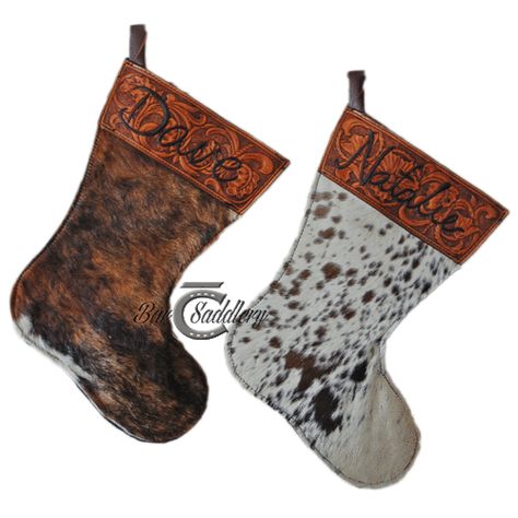 Bar C Saddlery ~~ Custom leather Christmas stocking with custom tooled name and floral design Leather Stocking Christmas, Leather Christmas Stocking, Homemade Stockings Christmas, Cowgirl Crafts, Leather Stocking, Cowhide Christmas, Leather Goodies, Leather Christmas, Saddle Shop