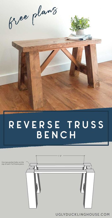 This reverse truss bench could look great almost anywhere, but it's a perfect fit for modern farmhouse entryways! Makes a great scrap wood project too. #scrapwood #diybench #bench #woodworking #kregjig #farmhouse #modernfarmhouse #mudroom #entryway Reclaimed 2x4 Wood Projects, 1x2 Wood Projects, 4x4 Wood Projects, 2x6 Wood Projects Diy, Scrap Wood Projects Diy, Scrap Wood Project, Diy Bank, Modern Farmhouse Entryway, Koti Diy