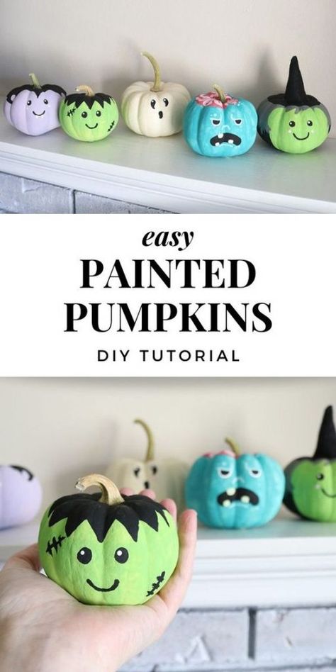 Easy Painting On Pumpkins, What Paint To Use On Pumpkins, Real Pumpkin Crafts, Paint Pumpkins Ideas Diy, Monster Pumpkin Painting, Paint Fake Pumpkins, Halloween Cute Decorations, Painting Ideas On Pumpkins, Cute Painted Pumpkins Ideas