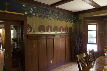 Hand-painted frieze summons up a forest | OregonLive.com Millwork Ceiling, Pacific Northwest Landscape, Sleeping Outside, Craftsman Interiors, Forest Kingdom, Bungalow Interiors, Arts And Crafts Interiors, Color Consultation, Arts And Crafts Storage